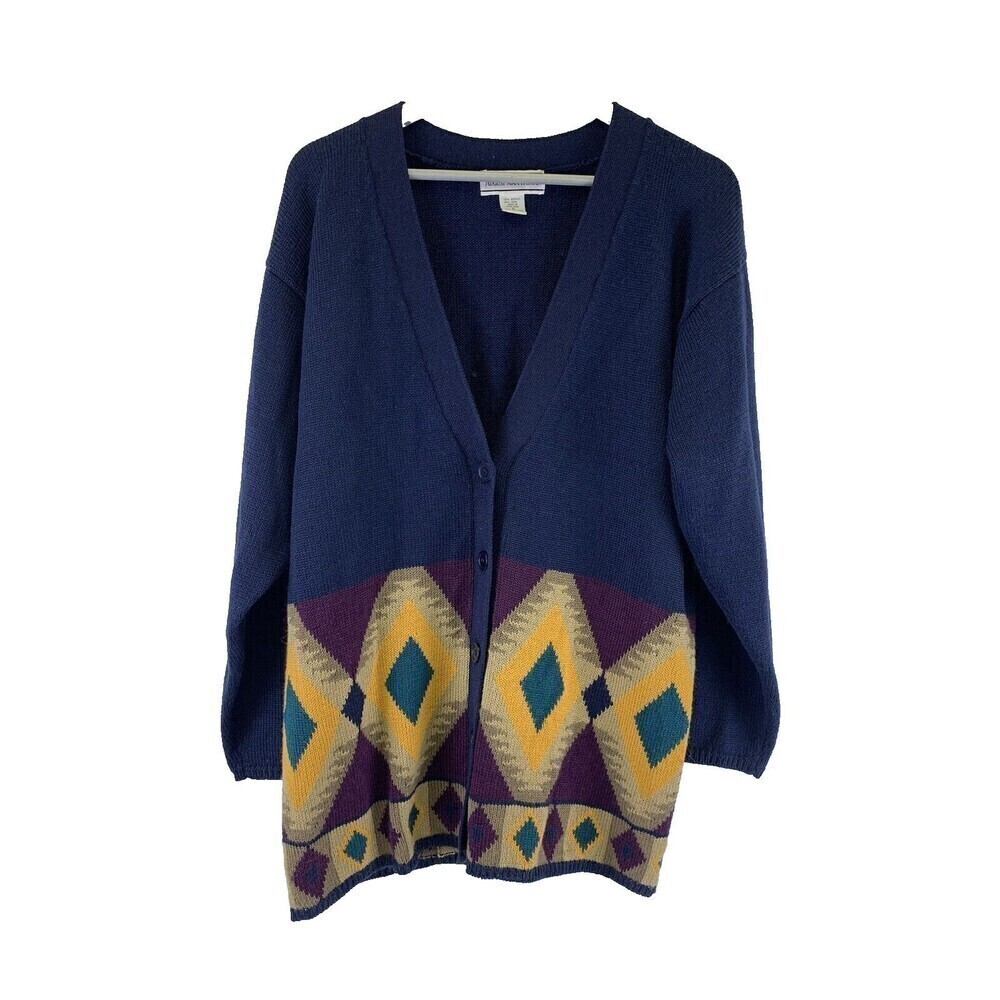 BOGO August Max Woman‎ Sweater Cardigan Wool Acrylic Blend Navy Multi Argyle 1X